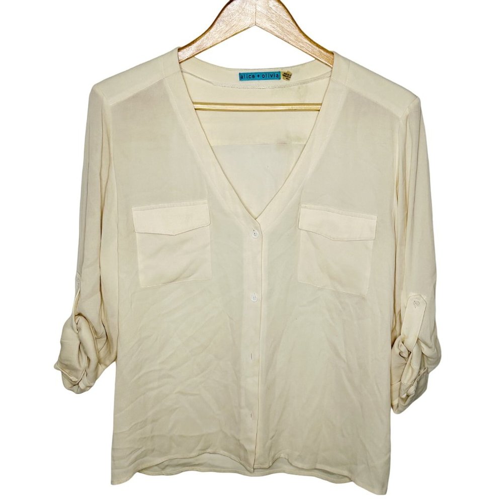 alice + olivia Women's White Medium Silk Spandex Blend V-Neck Blouse - Picture 2 of 11